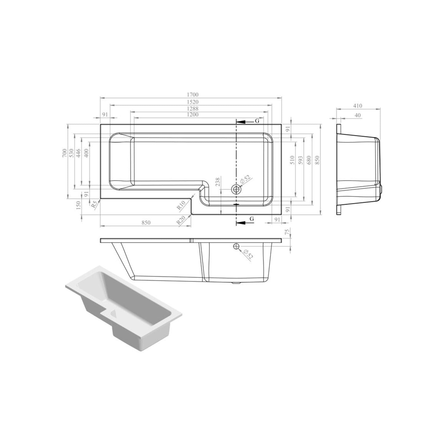 L-Shape Single End 0 Tap Hole Bath Only L 1700 X W 700-850 X H 410mm
