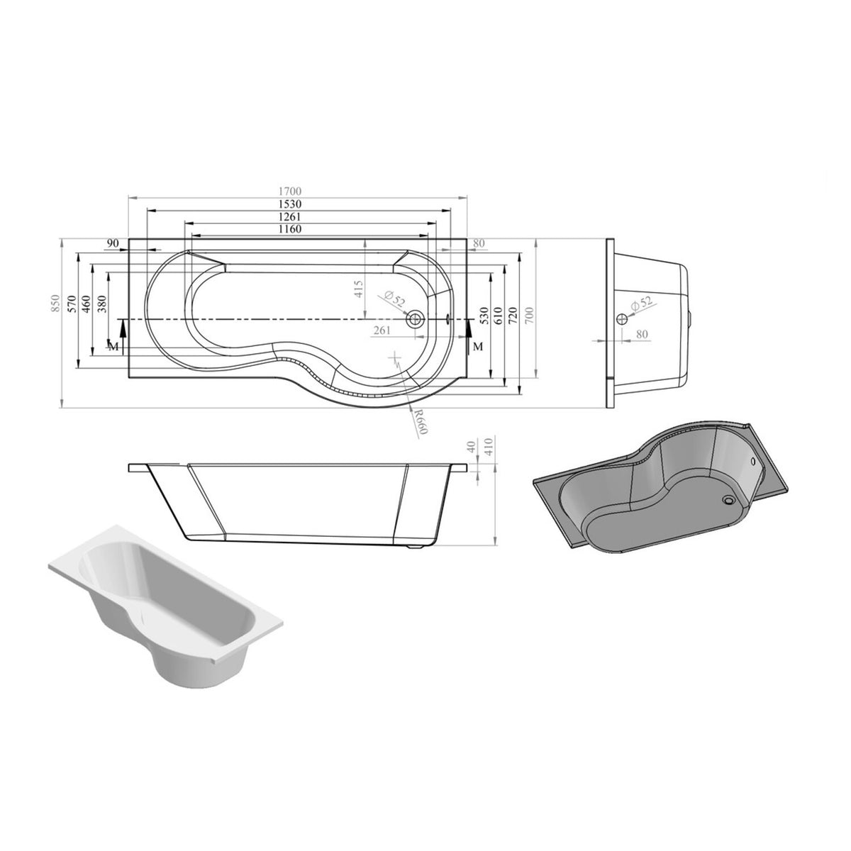 Xalana P Shape 0 Tap Hole Shower Bath Pack L 1700 X W 850 X H 560mm