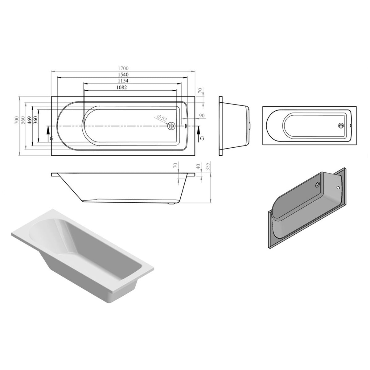 Yavari D Shape Single End 1700x700x550mm 2 Tap Hole Bath w/Legs