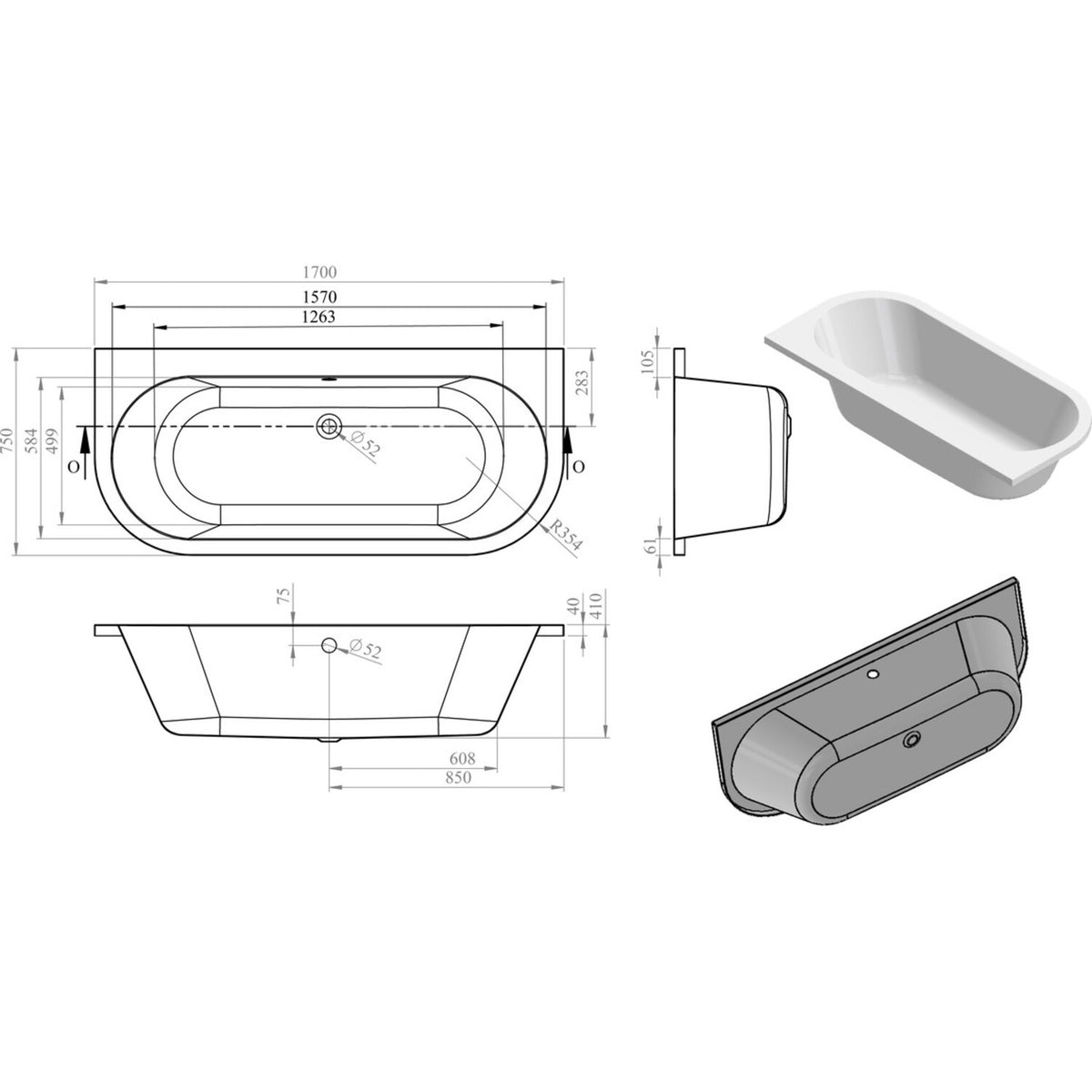 Amelari Back To Wall 1700x750x600mm 0 Tap Hole Bath w/Legs