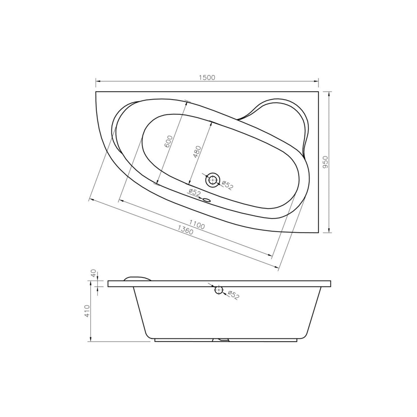 Urenia 0 Tap Hole Offset Corner Bath W/Legs L 1500 X W 950 X H 600mm