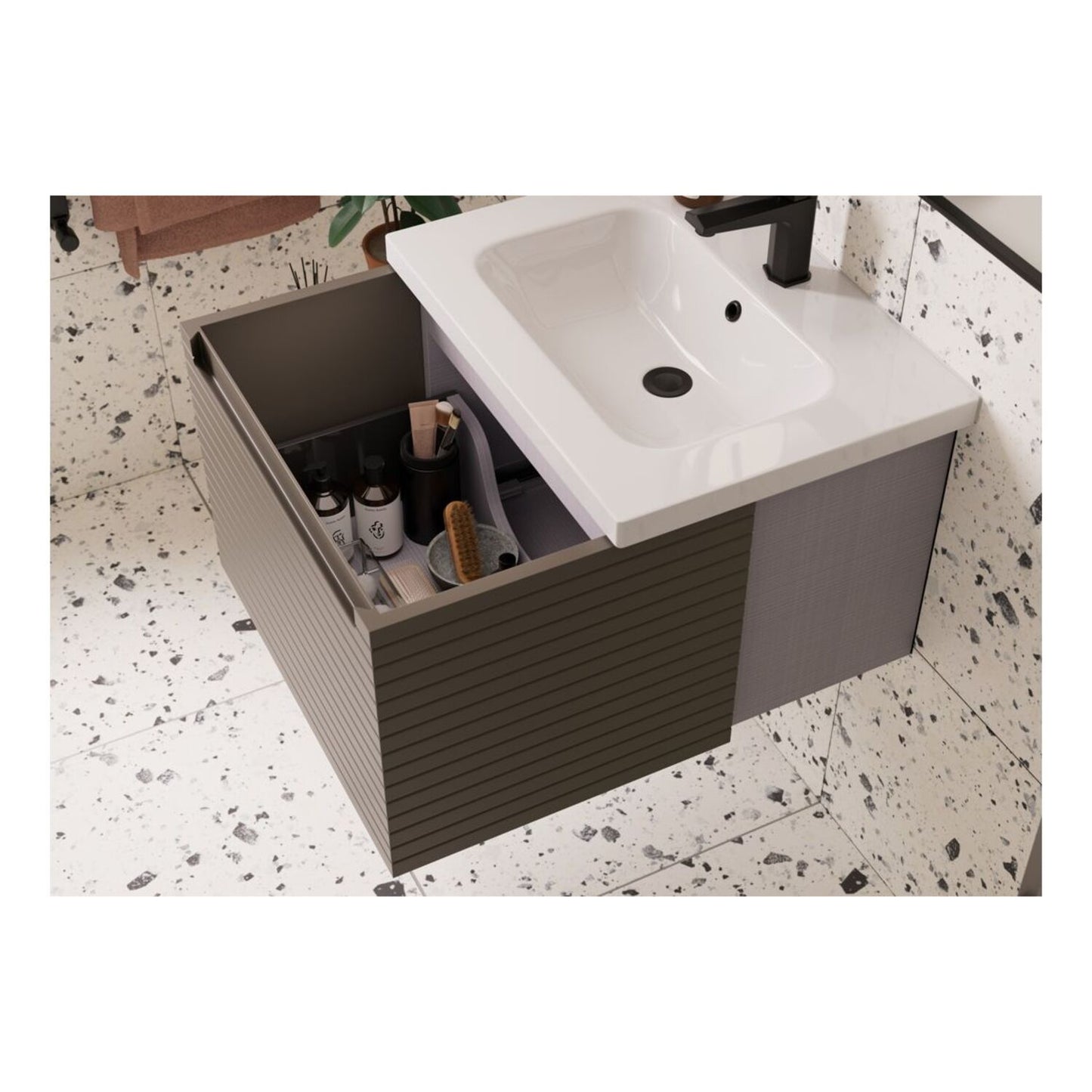 Delari 615mm Wall Hung 1 Drawer Basin Unit & 1 Tap Hole Basin - Matt Taupe