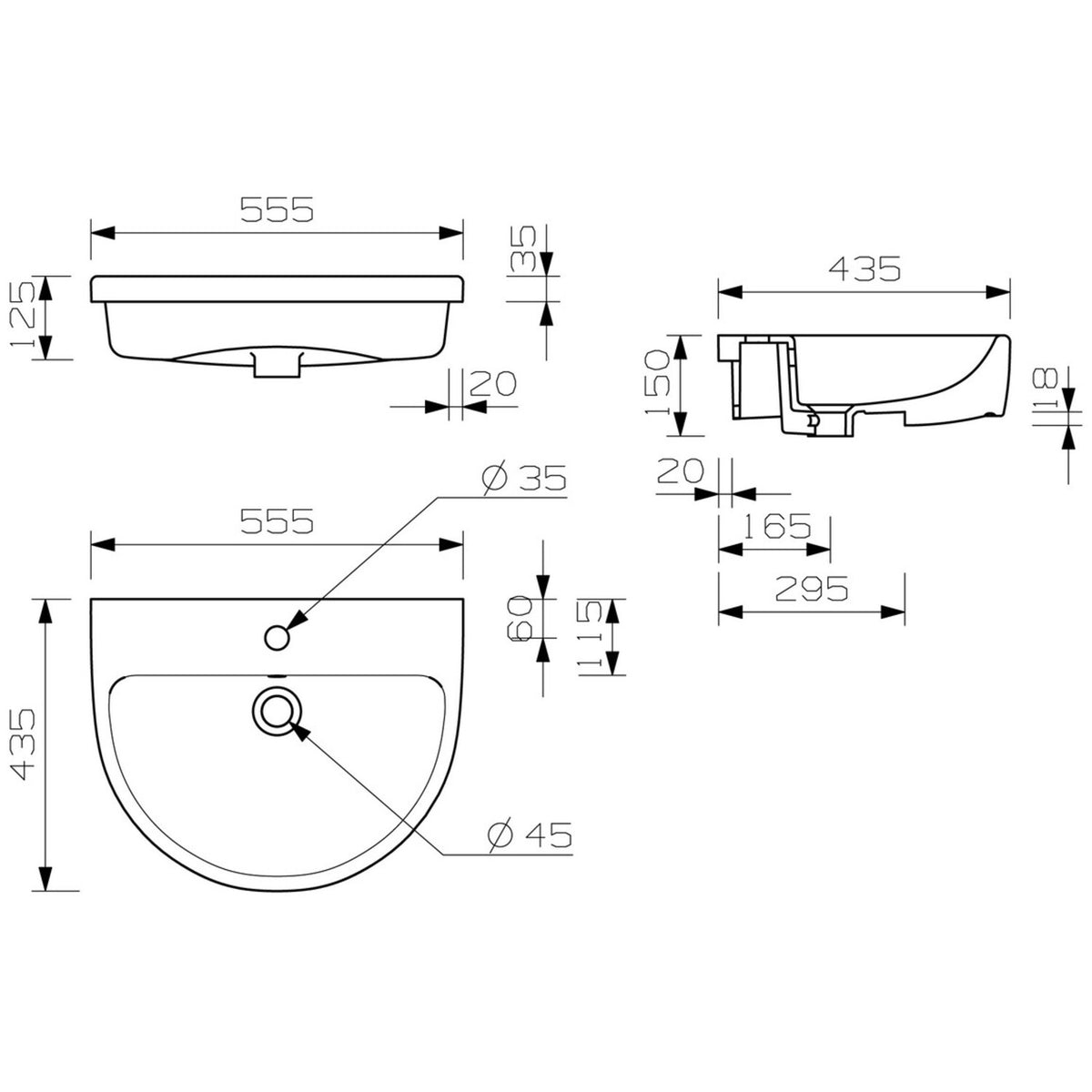 Cinta 1 Tap Hole Semi Recessed Basin 555X435mm