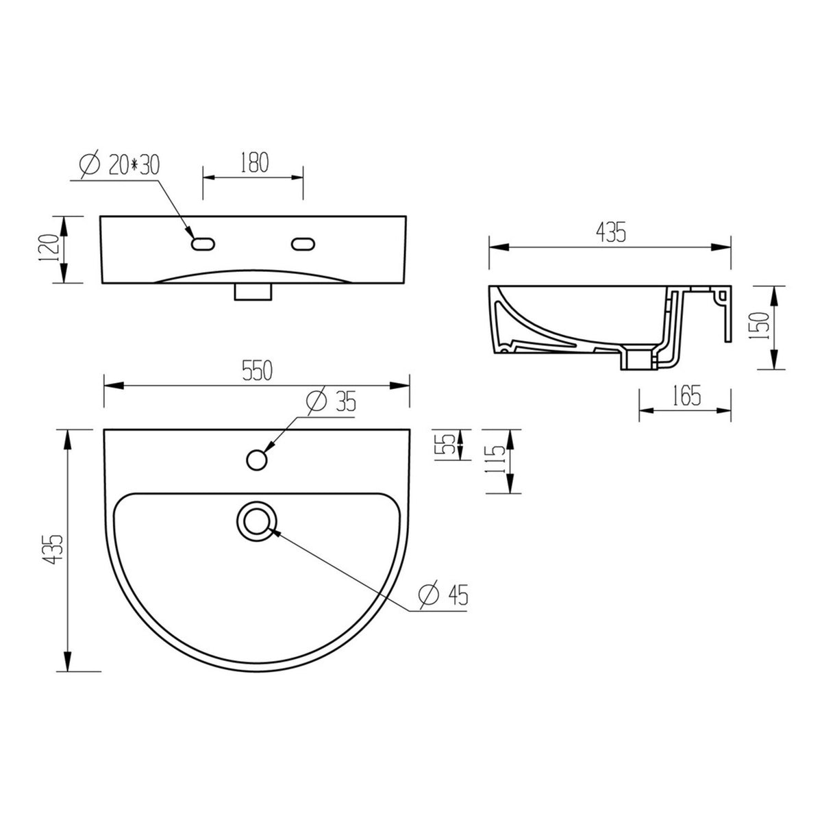 Cinta 1 Tap Hole Basin & Full Pedestal 555X430mm