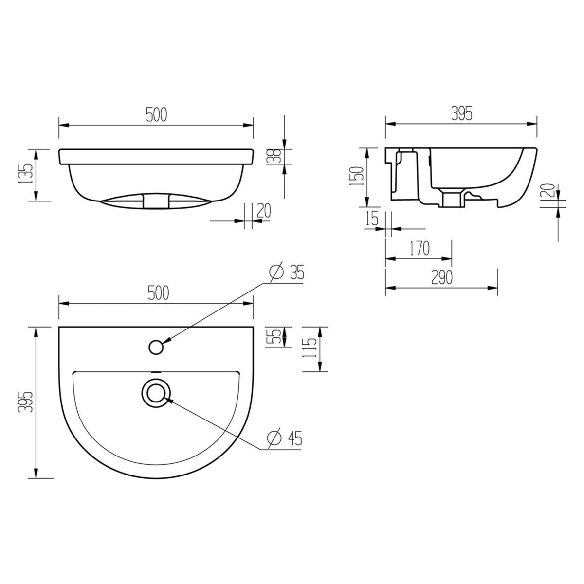 Thari 1 Tap Hole Semi Recessed Basin 500X390mm