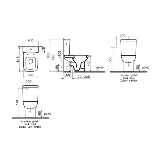 VitrA S20 Open Back Close Coupled Pan Only - White
