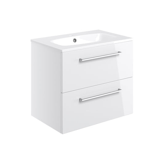Zenari 610mm Wall Hung 2 Drawer Basin Unit & 1 Tap Hole Thin Edge Basin - White Gloss