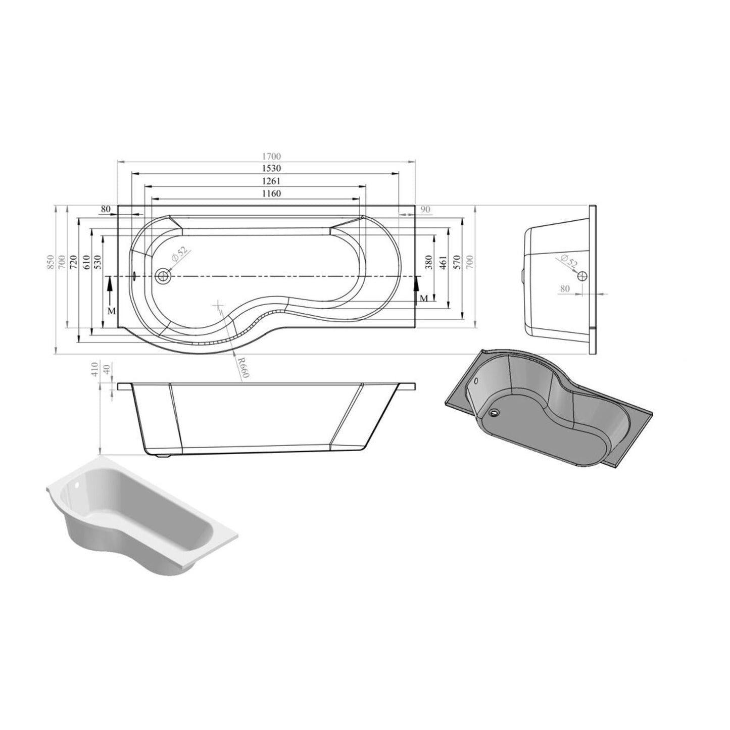 P-Shape Single End 0 Tap Hole Bath Only L 1700 X W 700-850 X H 410mm