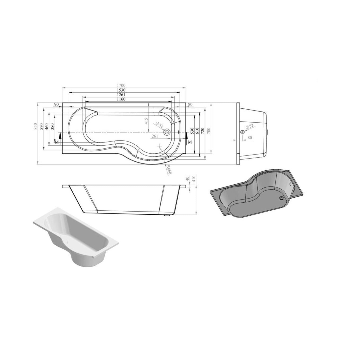 P-Shape Single End 0 Tap Hole Bath Only L 1700 X W 700-850 X H 410mm