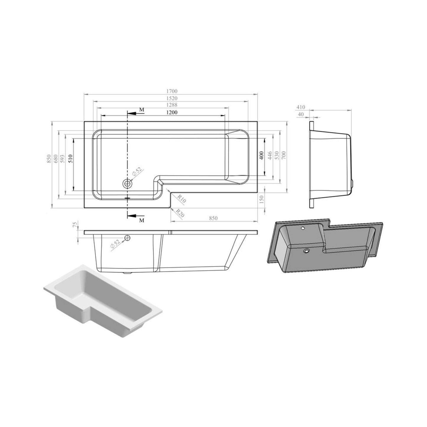 L-Shape Single End 0 Tap Hole Bath Only L 1700 X W 700-850 X H 410mm
