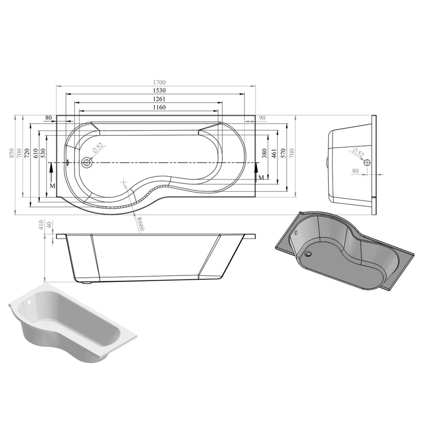 Xalana P Shape Supercast 0 Tap Hole Shower Bath Pack L 1700 X W 850 X H 560mm