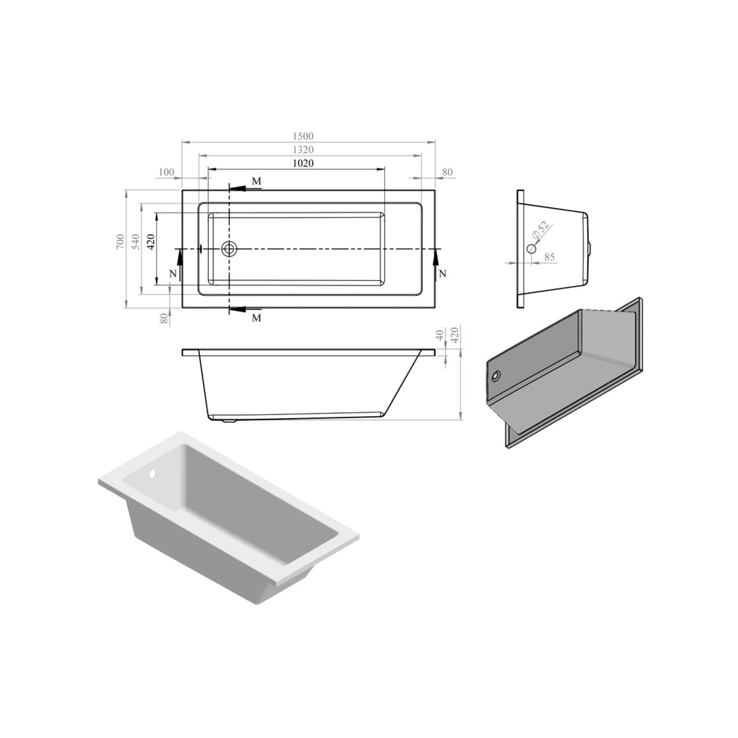 Vessari Square Single End 0 Tap Hole Bath W/Legs