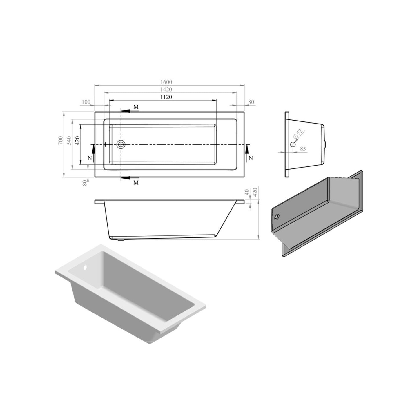 Vessari Square Single End 0 Tap Hole Bath W/Legs