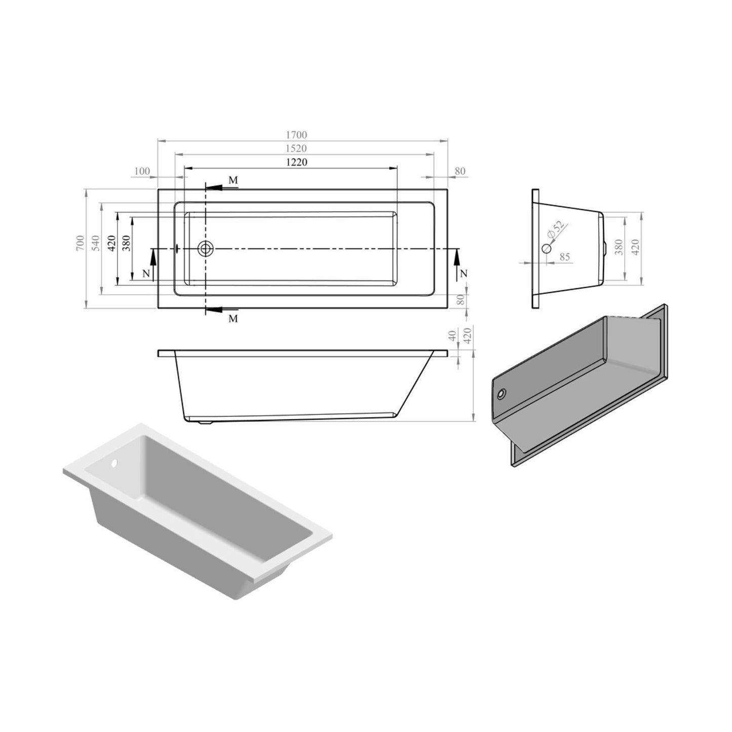 Vessari Square Single End 0 Tap Hole Bath W/Legs