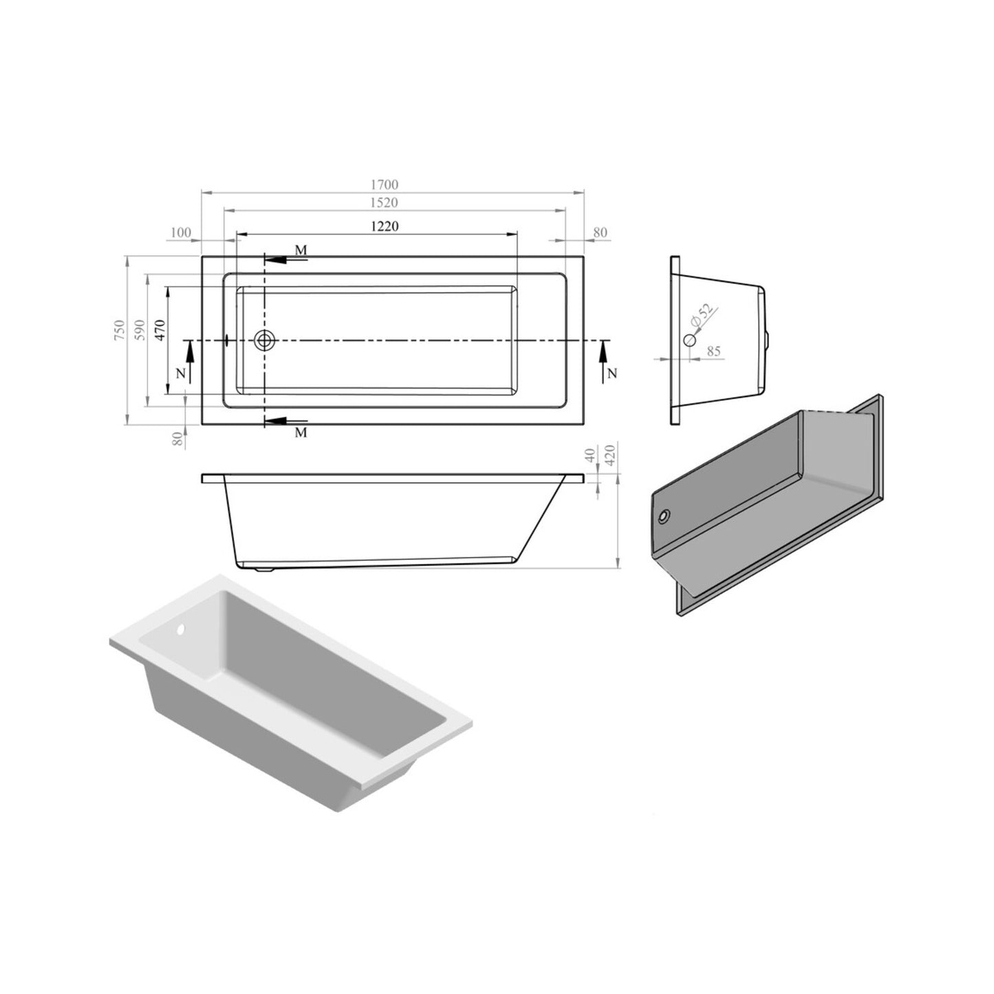 Vessari Square Single End 0 Tap Hole Bath W/Legs