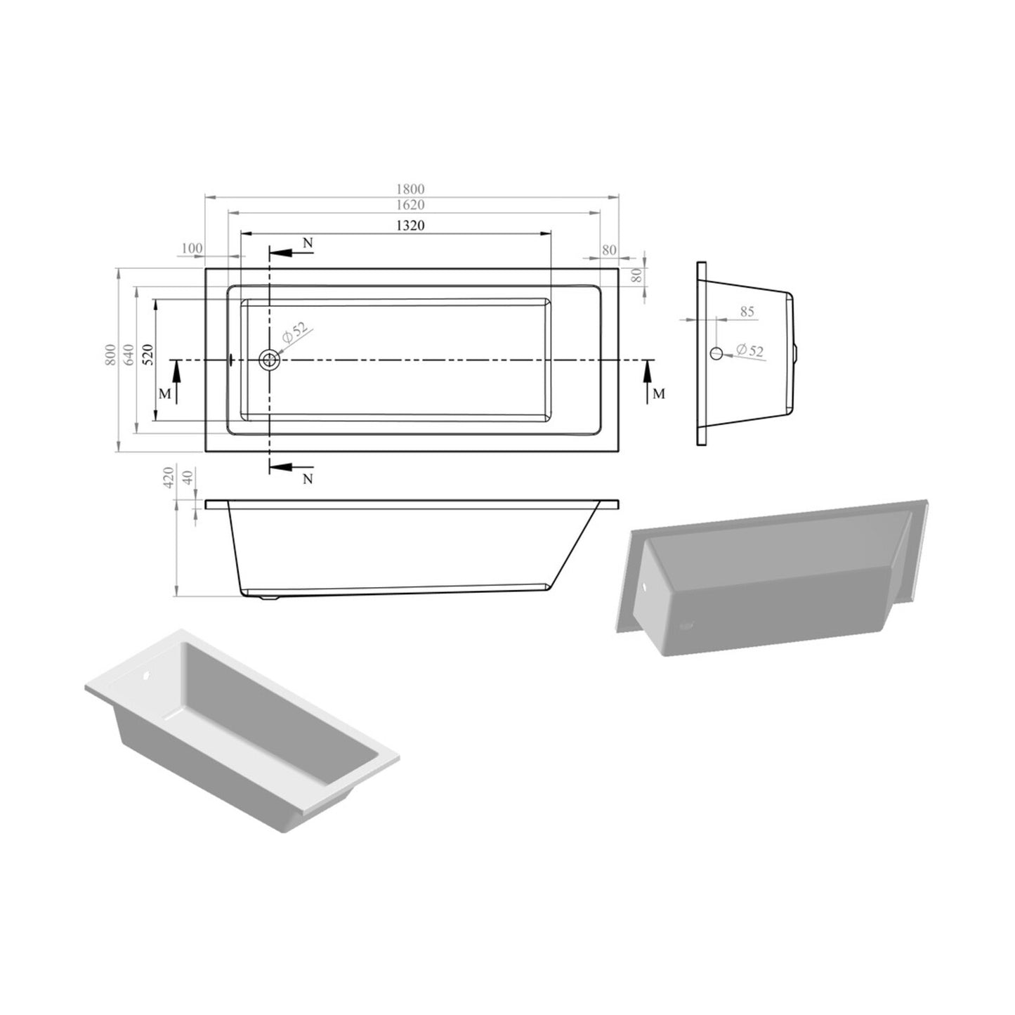 Vessari Square Single End 0 Tap Hole Bath W/Legs