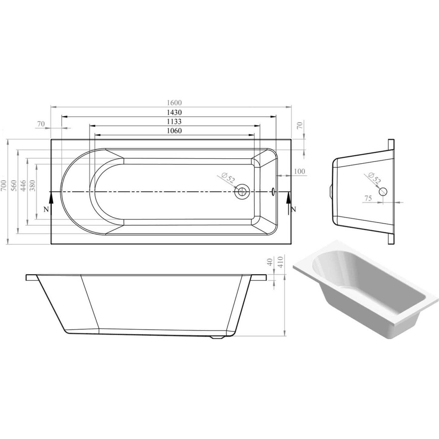 Thalina Round Single End 0 Tap Hole Bath W/Legs