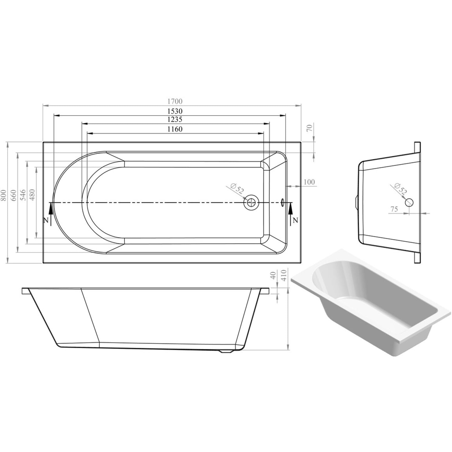 Thalina Round Single End 0 Tap Hole Bath W/Legs