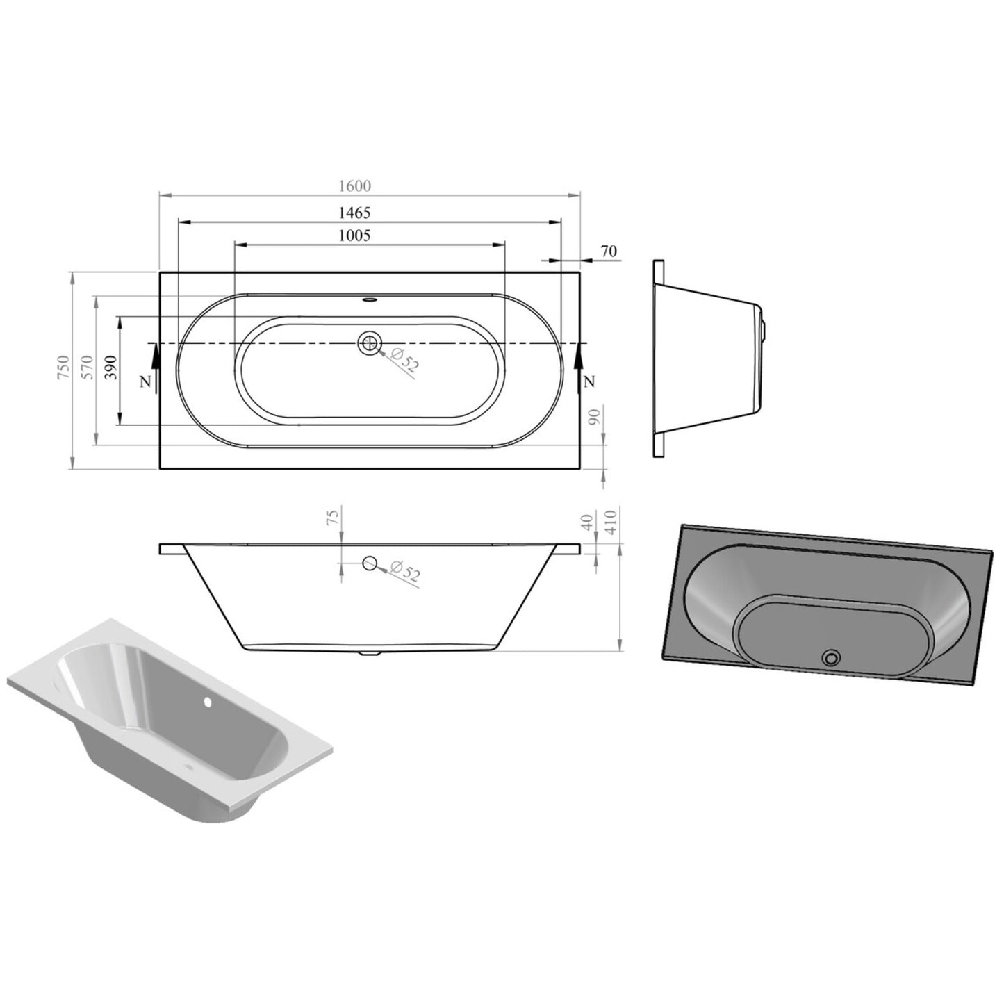 Thalina Round Double End 0 Tap Hole Bath W/Legs