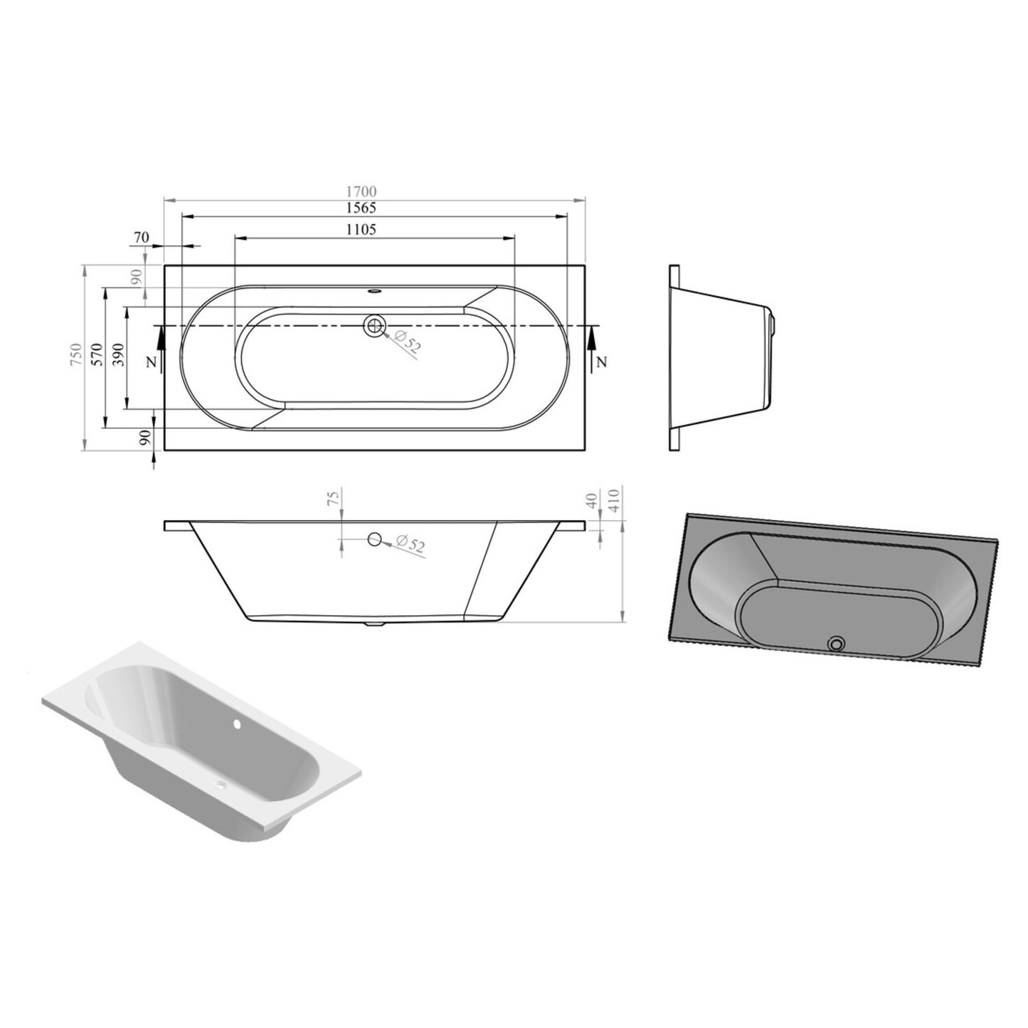 Thalina Round Double End 0 Tap Hole Bath W/Legs