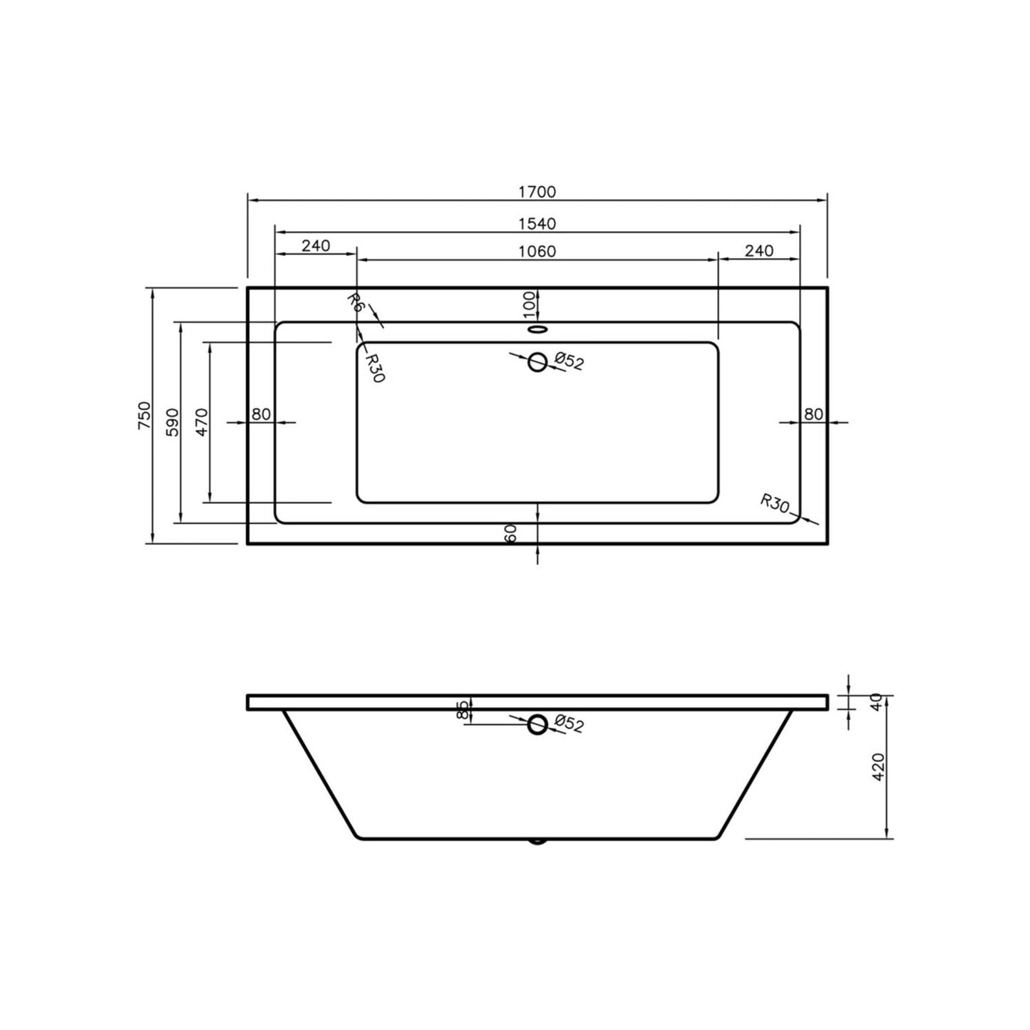 Vessari Square Double End 0 Tap Hole Bath W/Legs