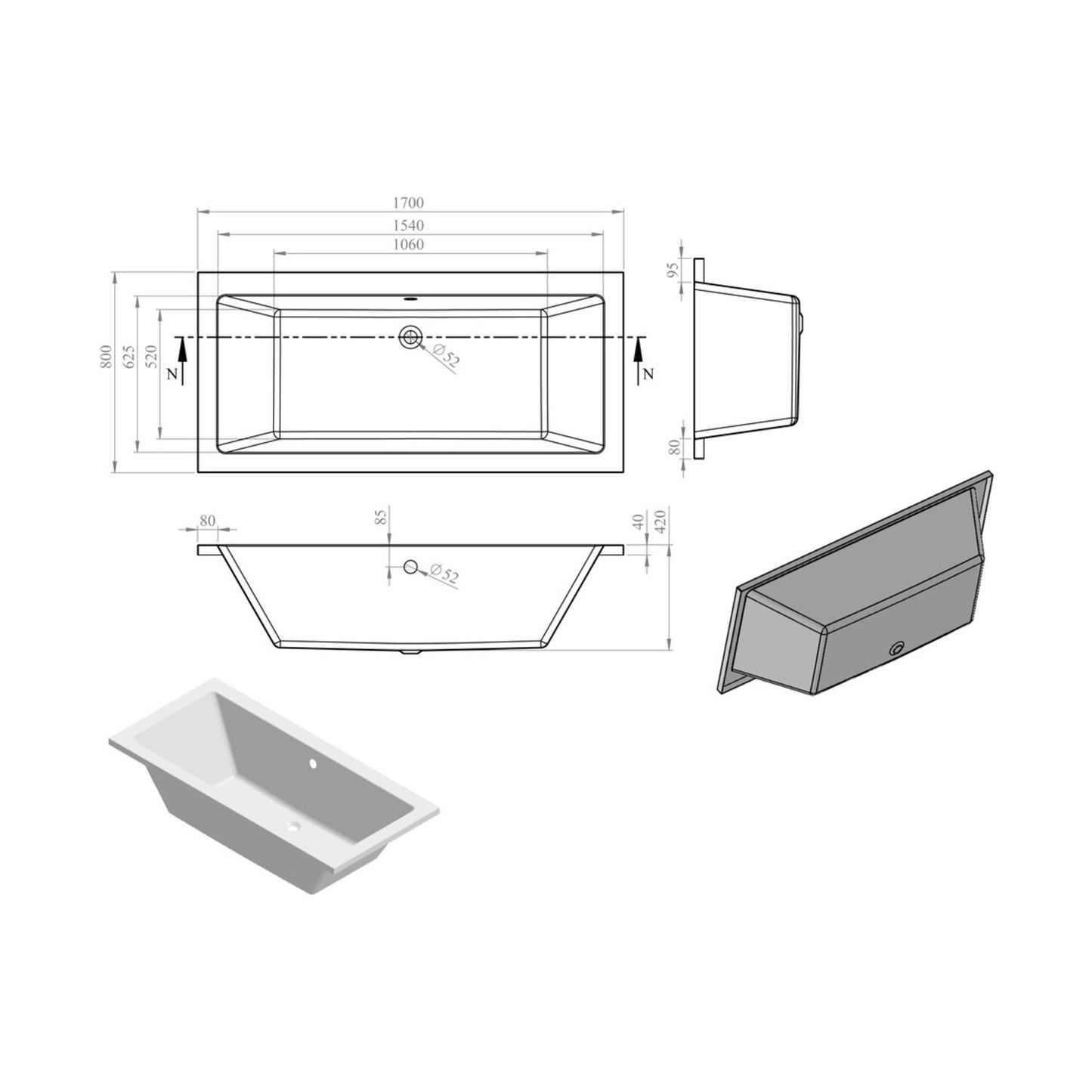 Vessari Square Double End 0 Tap Hole Bath W/Legs