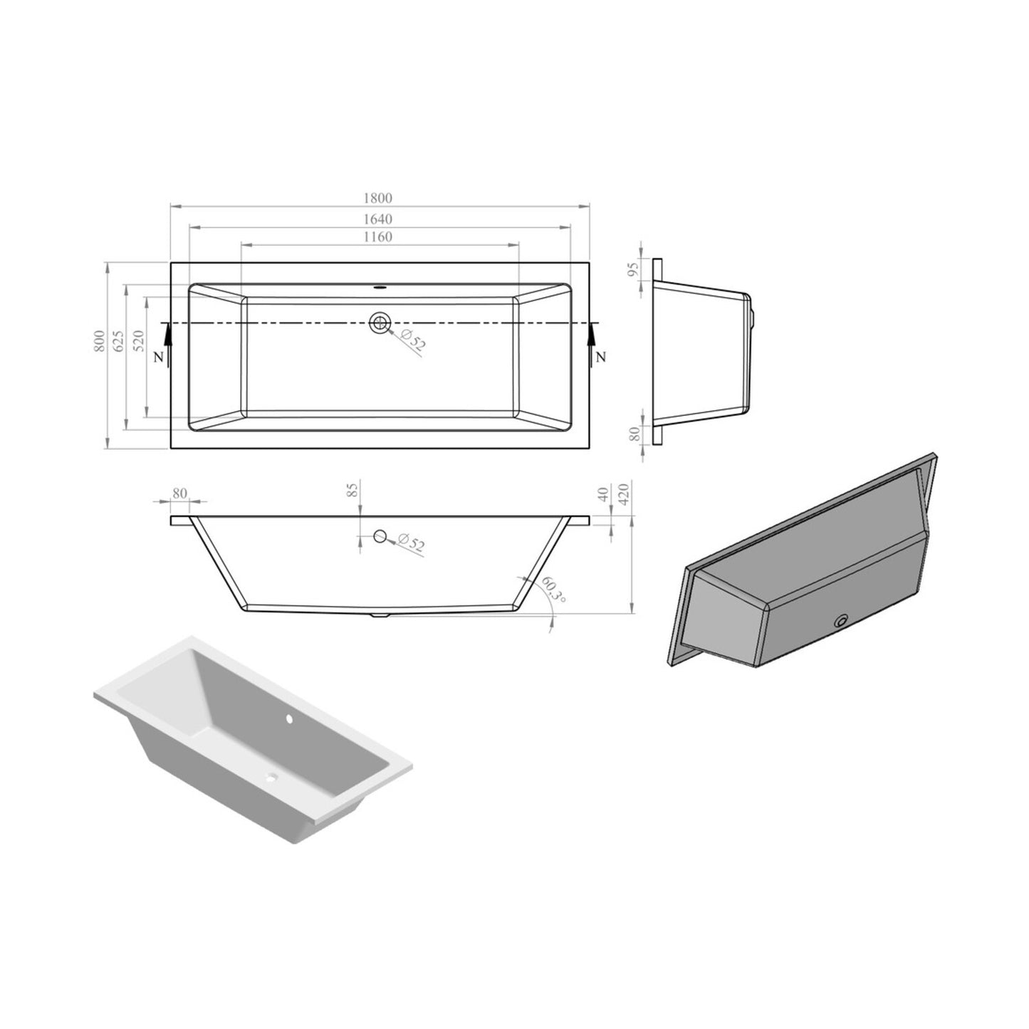 Vessari Square Double End 0 Tap Hole Bath W/Legs