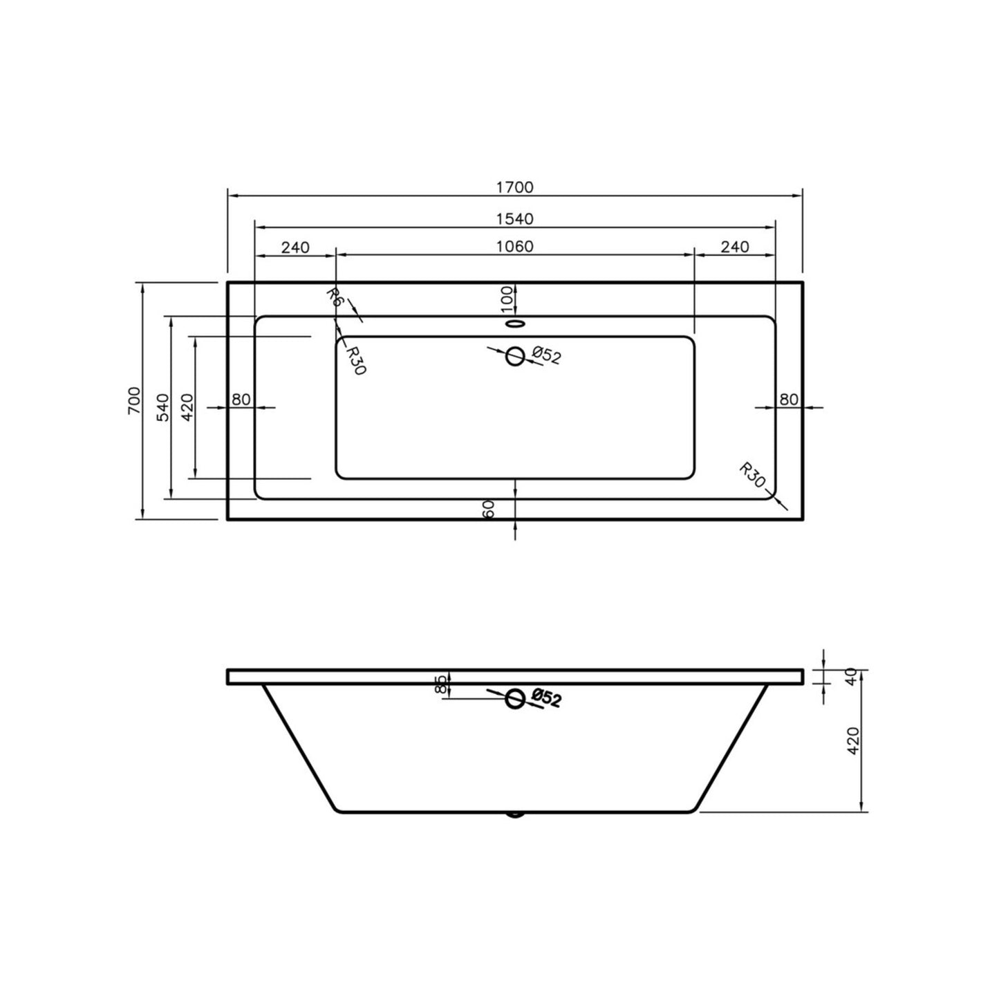 Vessari Square Double End Supercast 0 Tap Hole Bath W/Legs