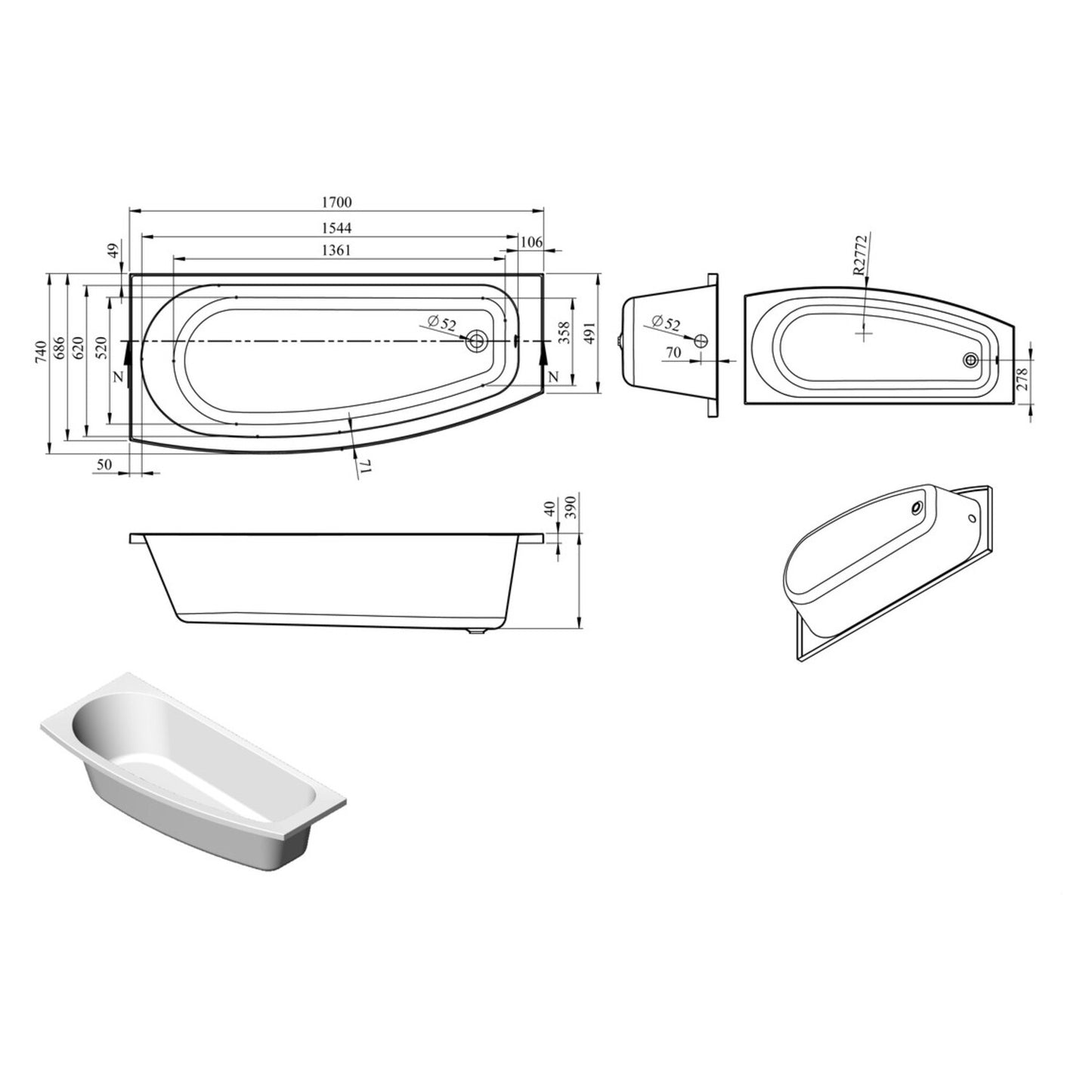 Quelani Space Saving 0 Tap Hole Bath W/Legs L 1700 X W 740 X H 560mm