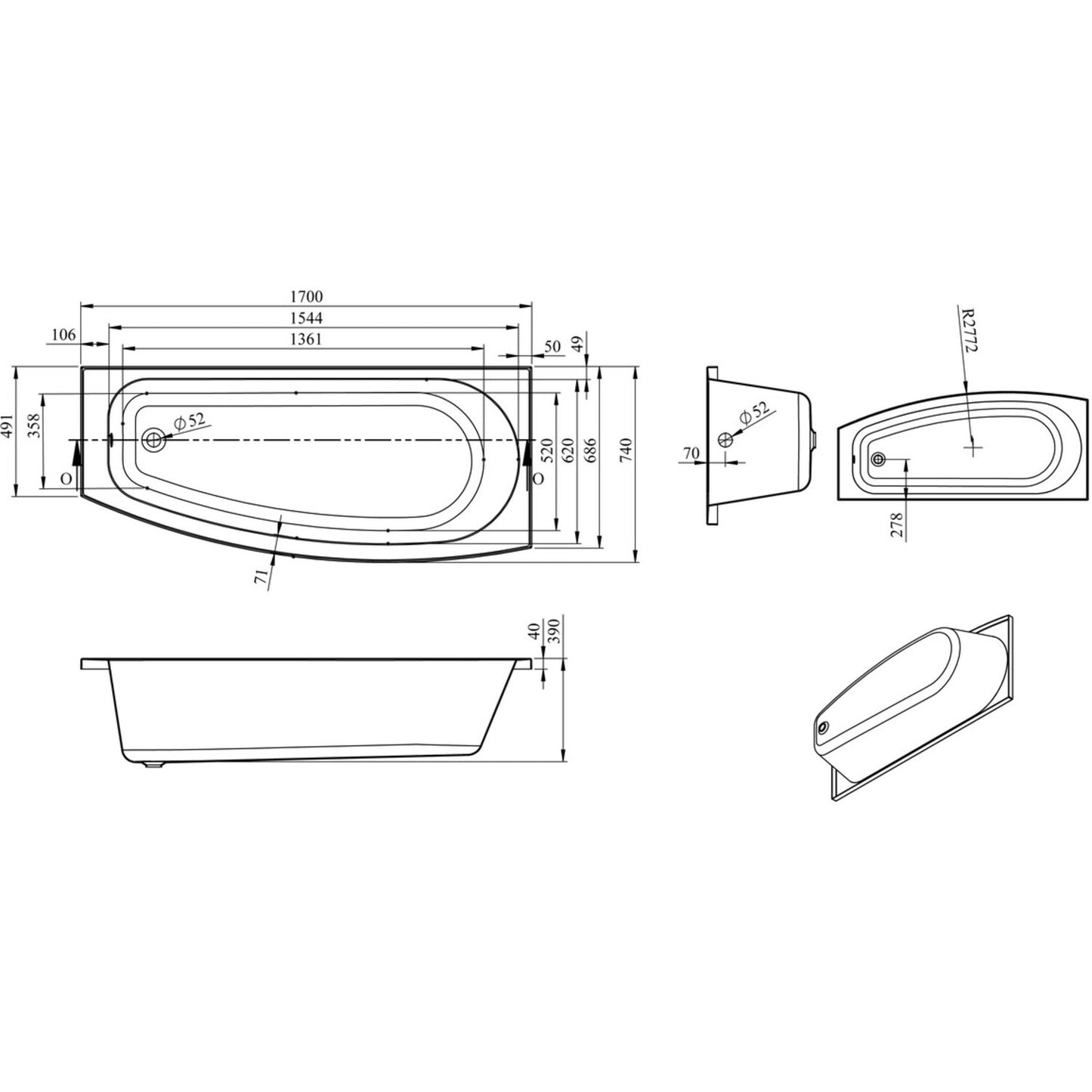Quelani Space Saving 0 Tap Hole Bath W/Legs L 1700 X W 740 X H 560mm