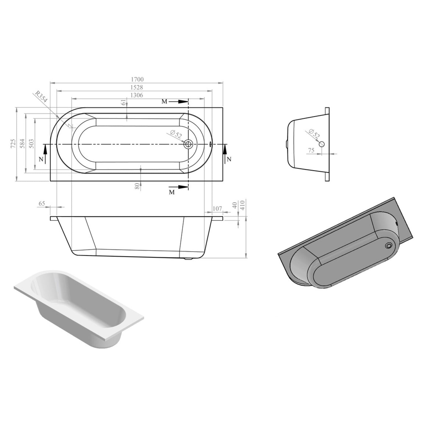 Caelith J Shape 0 Tap Hole Bath W/Legs