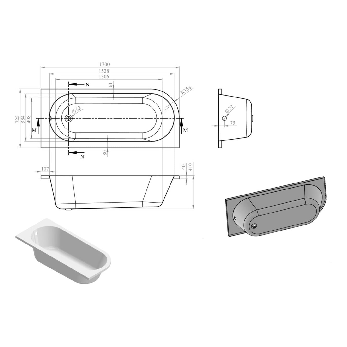 Caelith J Shape 0 Tap Hole Bath W/Legs