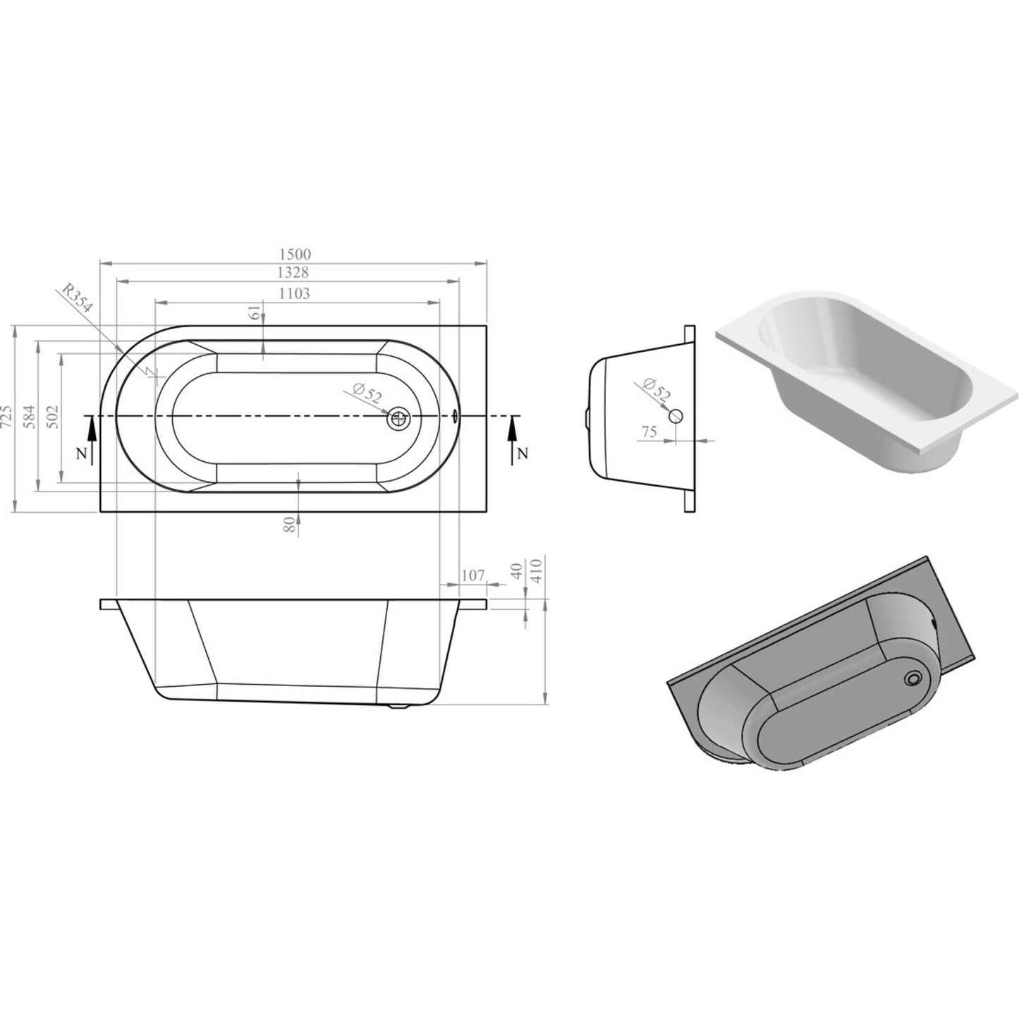 Caelith J Shape 0 Tap Hole Bath W/Legs