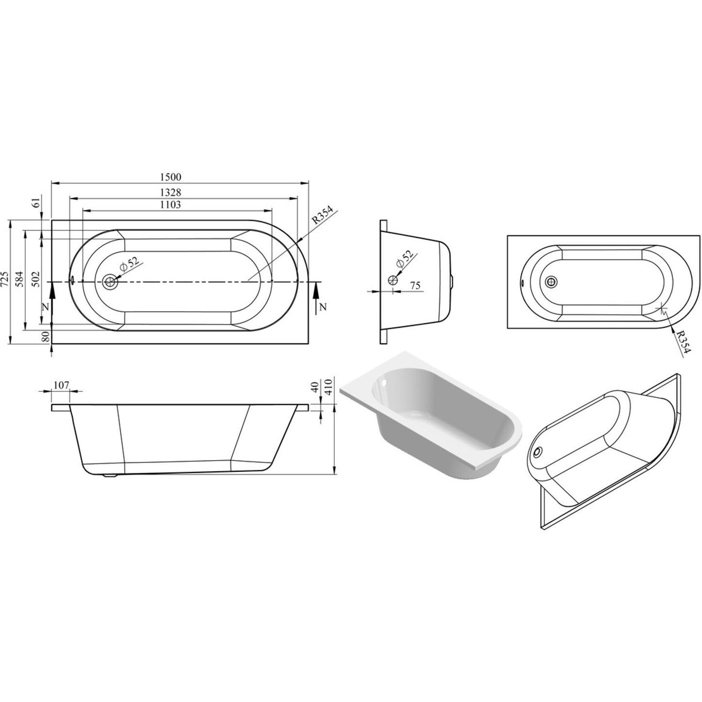 Caelith J Shape 0 Tap Hole Bath W/Legs