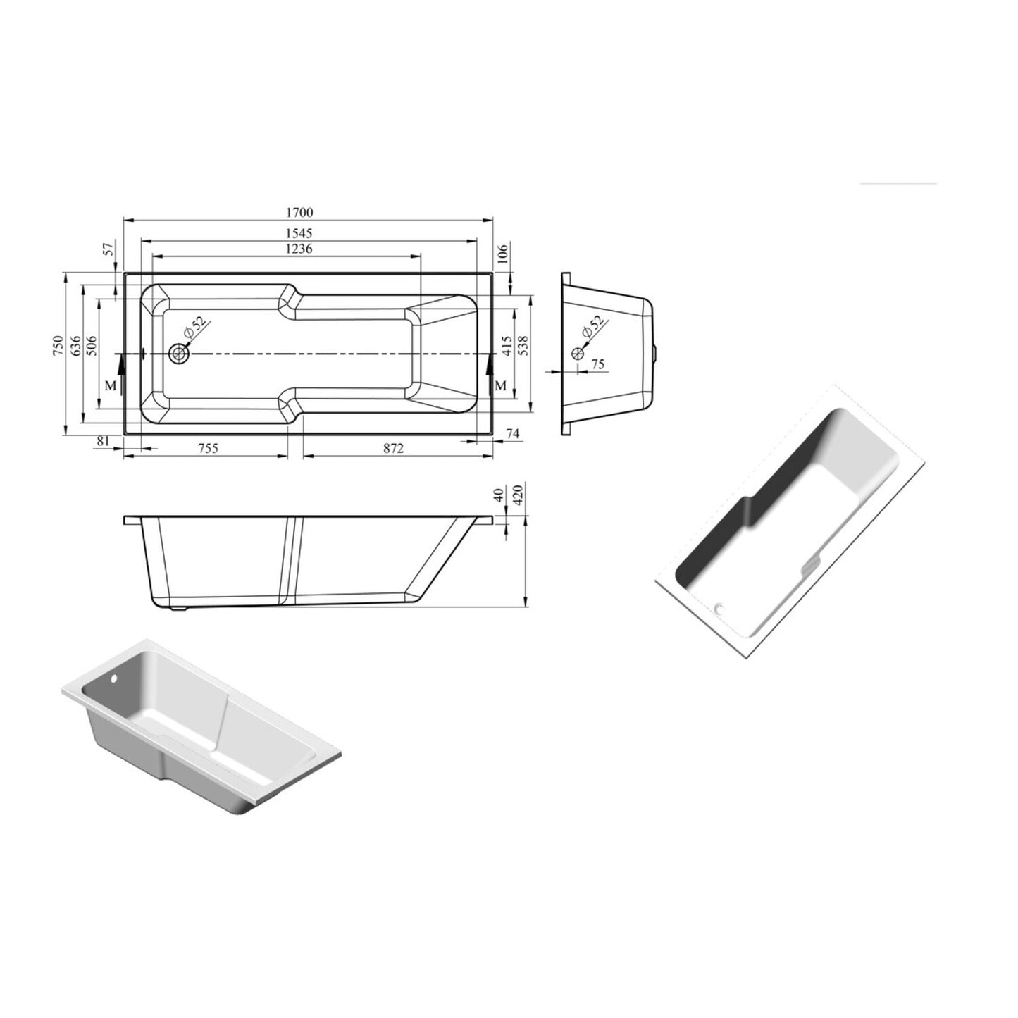 Wavira Straight 1700x750x550mm 0 Tap Hole "C" Shower Bath w/Legs
