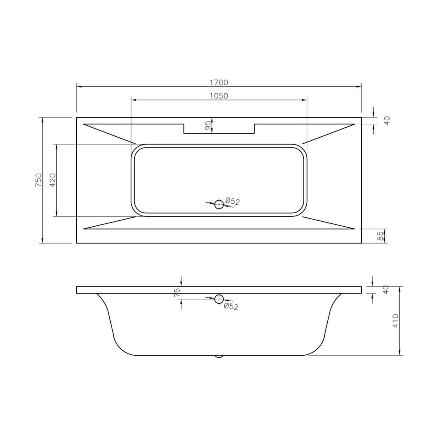 Solari Deluxe Square Double End 1700x750x550mm 0 Tap Hole Bath w/Legs