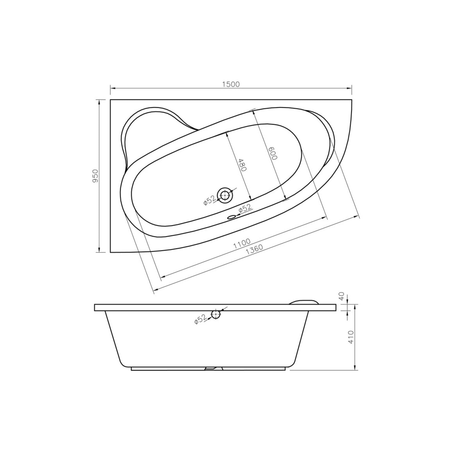 Urenia 0 Tap Hole Offset Corner Bath W/Legs L 1500 X W 950 X H 600mm