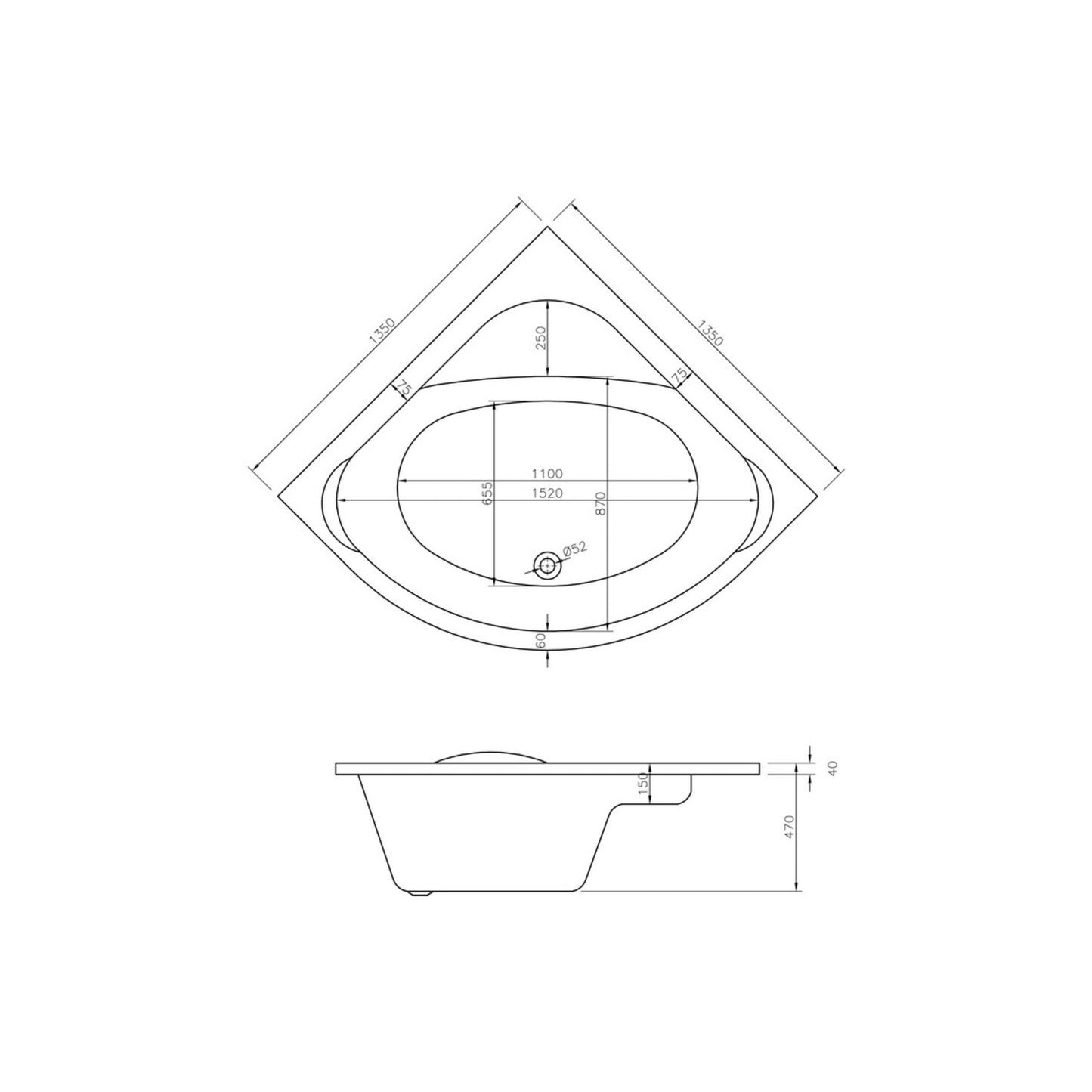 Tuviah Standard 1350x1350x620mm 0 Tap Hole Corner Bath w/Legs