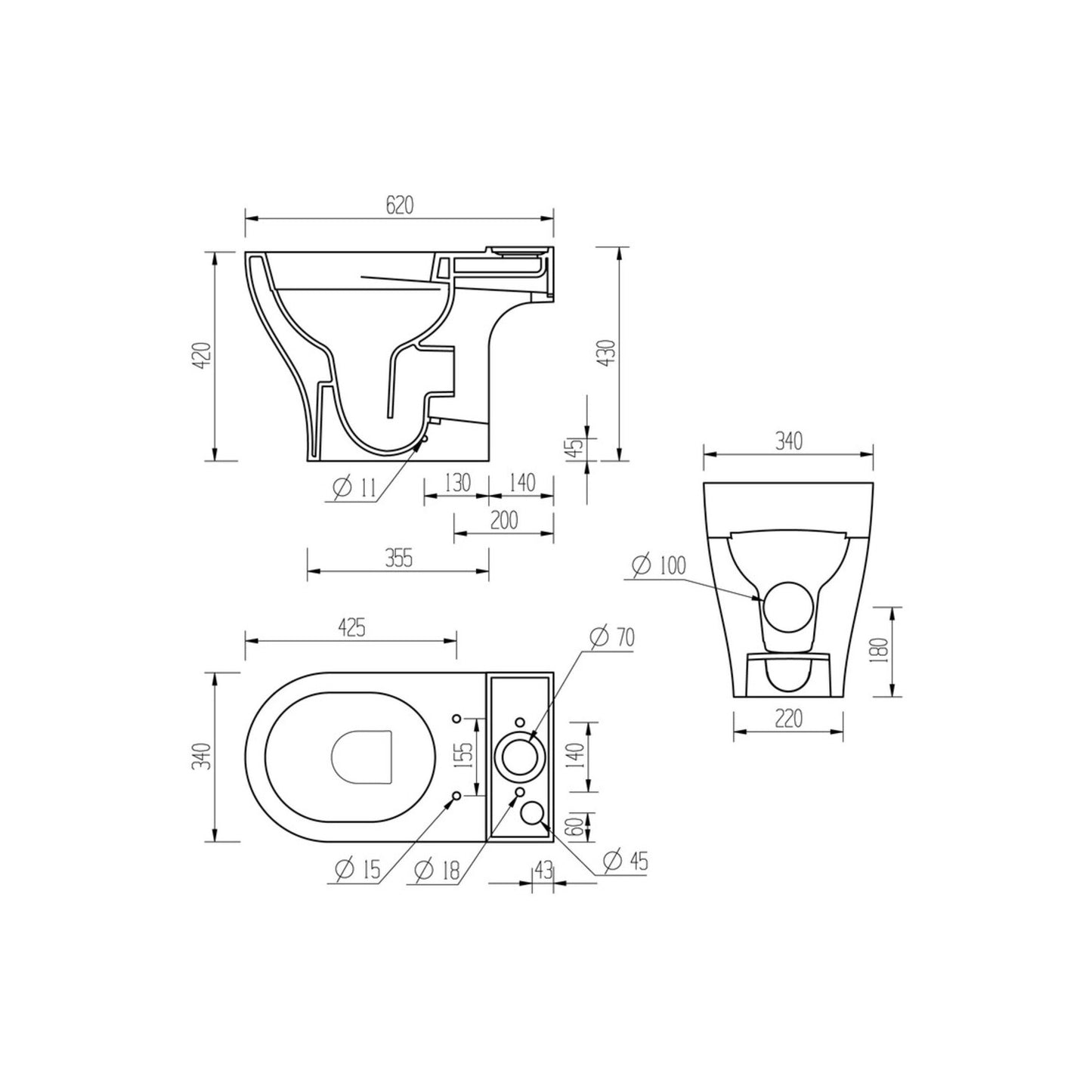 Lirien Rimless Short Projection Close Coupled Open Back WC & Soft Close Seat