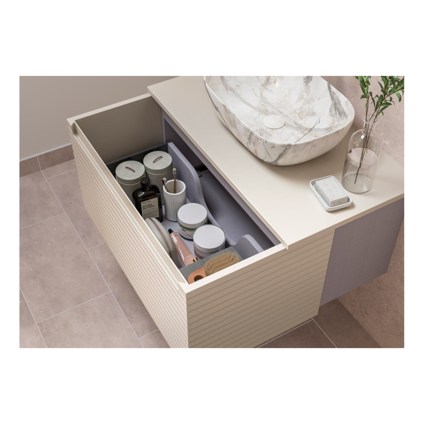 Delari 615mm Wall Hung 1 Drawer Basin Unit & 1 Tap Hole Basin - Matt Cotton
