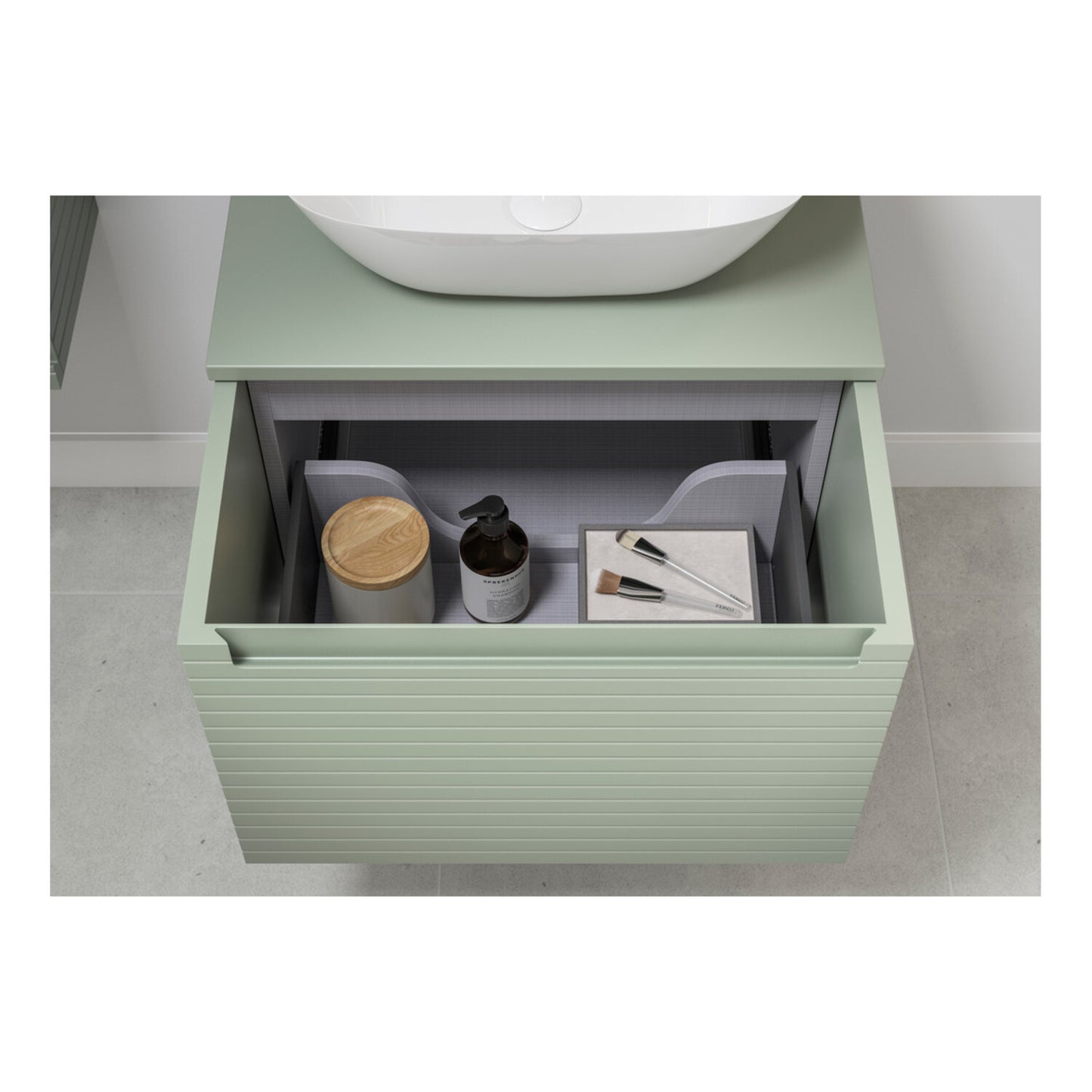 Delari 610mm Wall Hung 1 Drawer Basin Unit & Worktop - Matt Willow Green