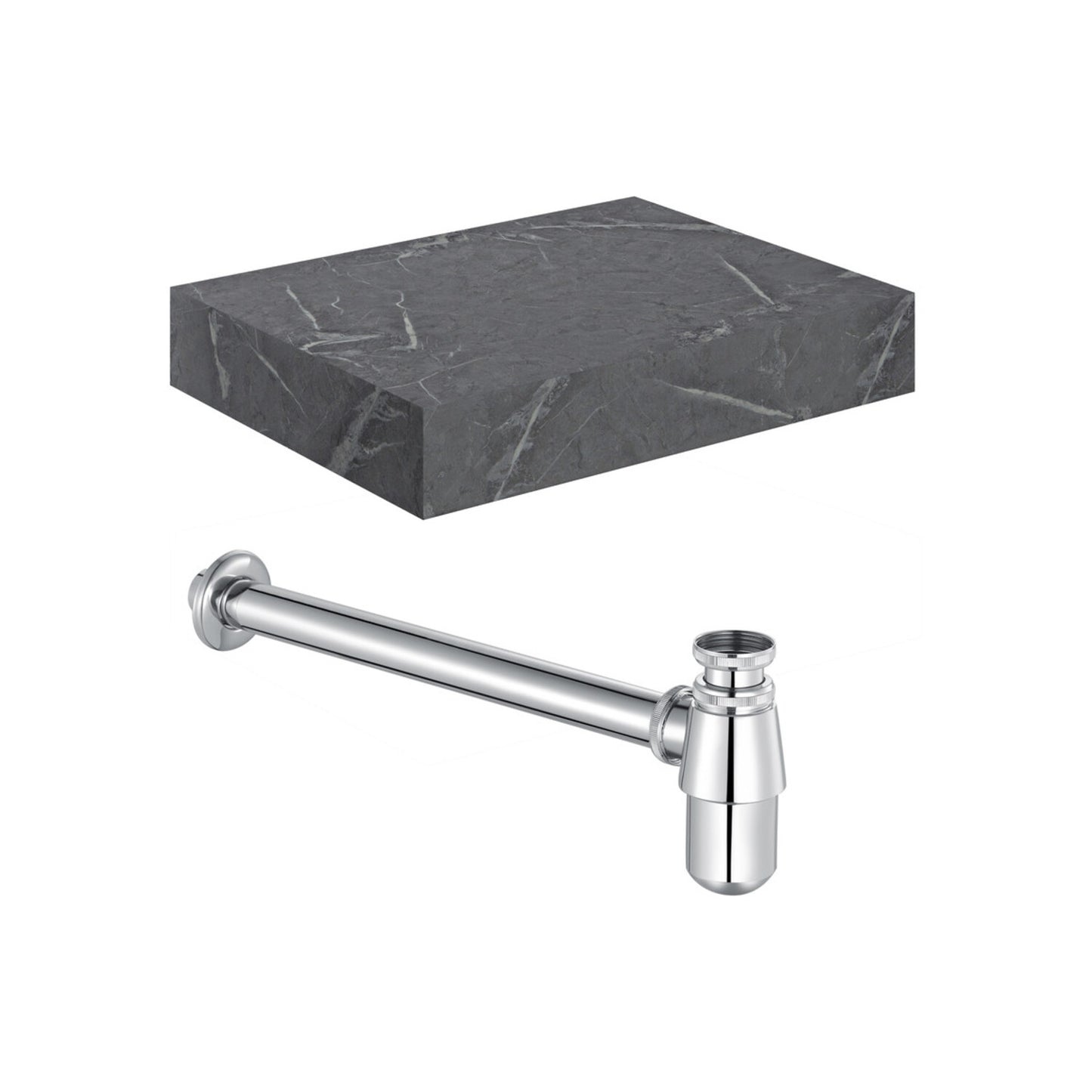 Quelora 600mm Wall Hung Grey Marble Basin Shelf & Chrome Bottle Trap