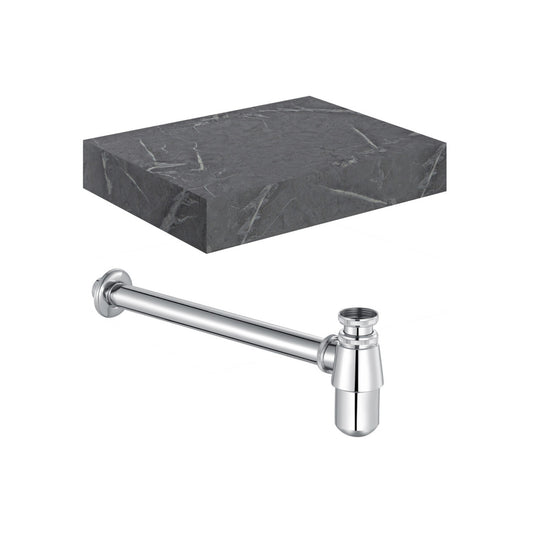 Quelora 600mm Wall Hung Grey Marble Basin Shelf & Chrome Bottle Trap