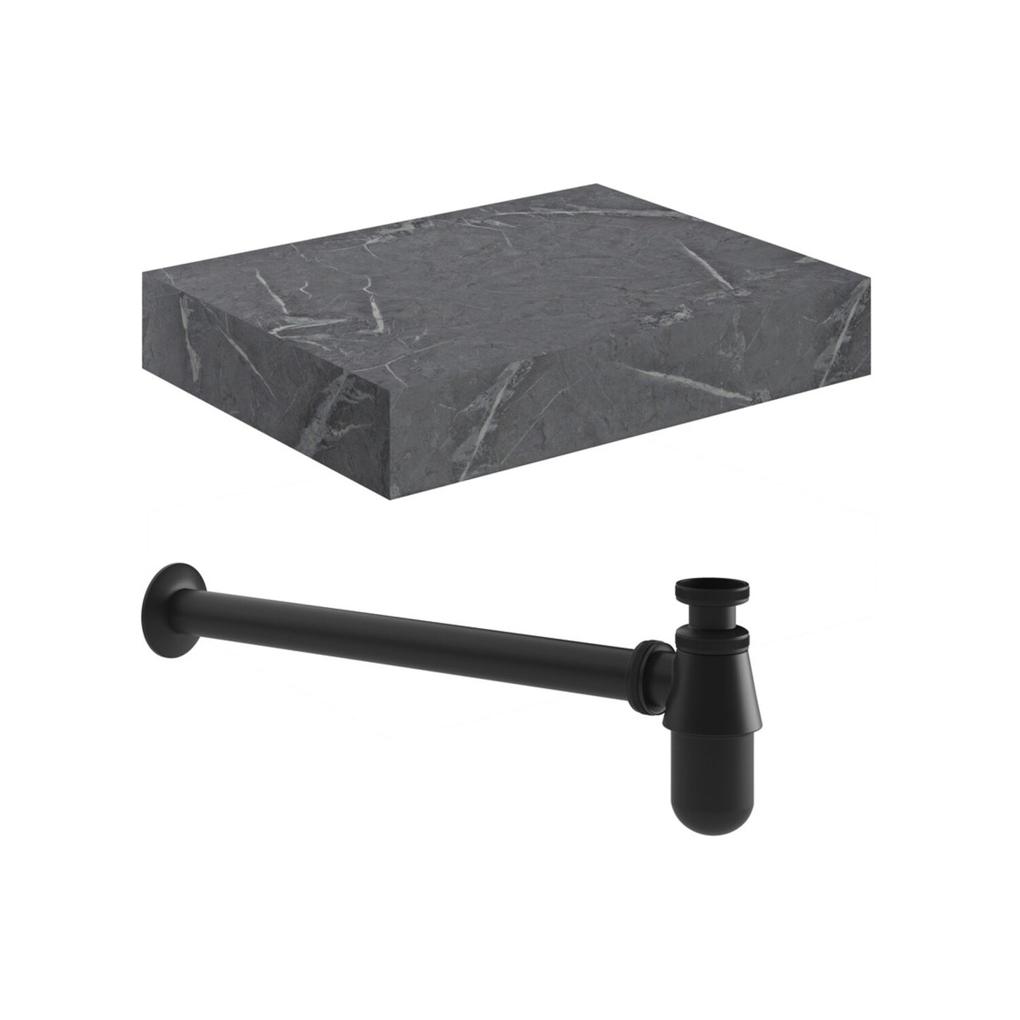 Quelora 600mm Wall Hung Grey Marble Basin Shelf & Black Bottle Trap