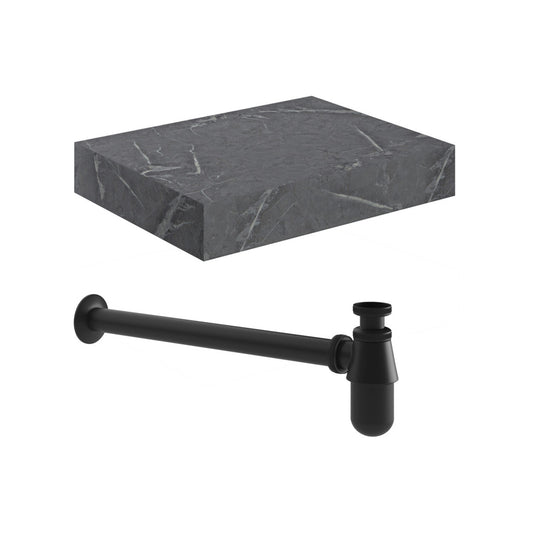 Quelora 600mm Wall Hung Grey Marble Basin Shelf & Black Bottle Trap