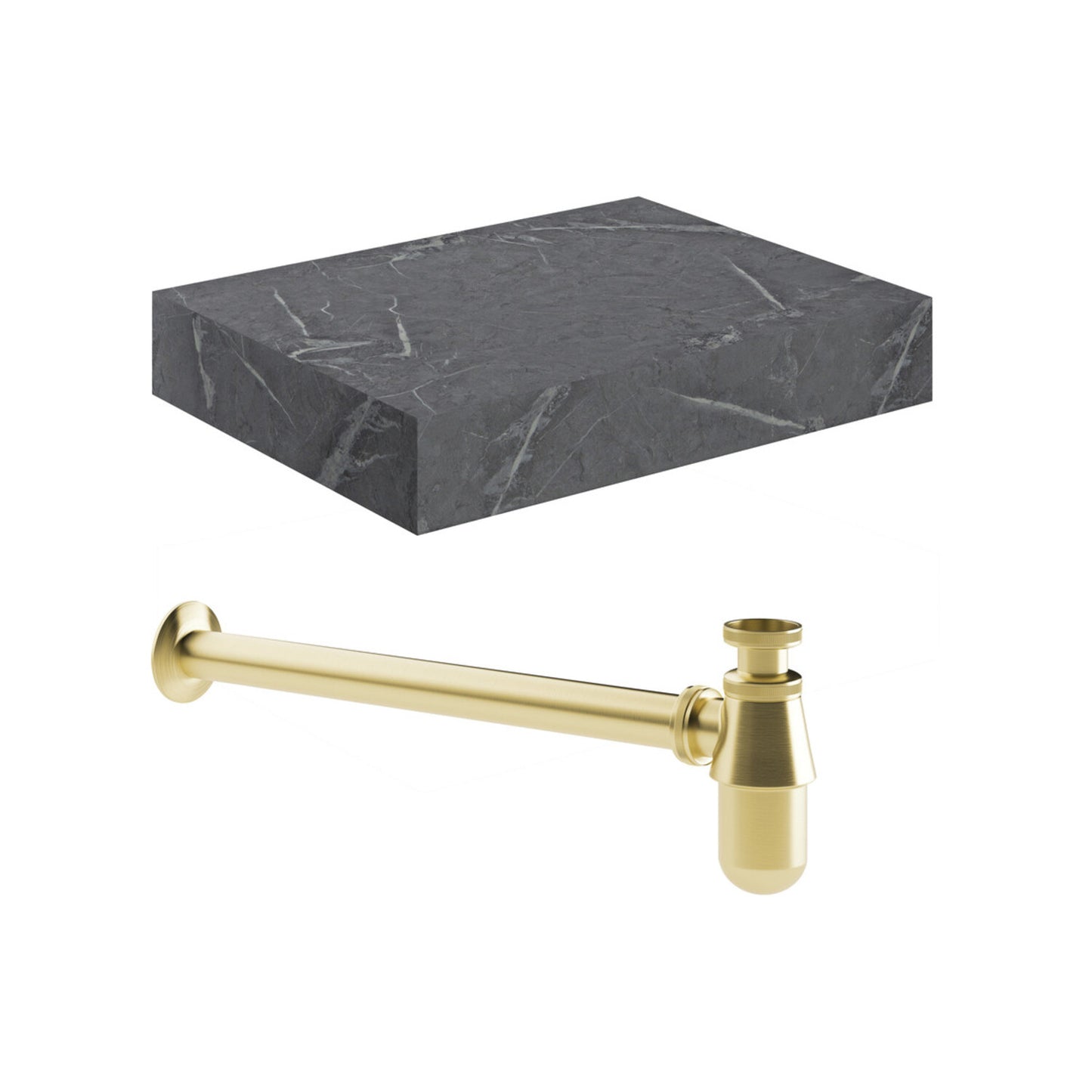 Quelora 600mm Wall Hung Grey Marble Basin Shelf & Brushed Brass Bottle Trap