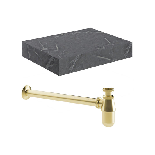 Quelora 600mm Wall Hung Grey Marble Basin Shelf & Brushed Brass Bottle Trap