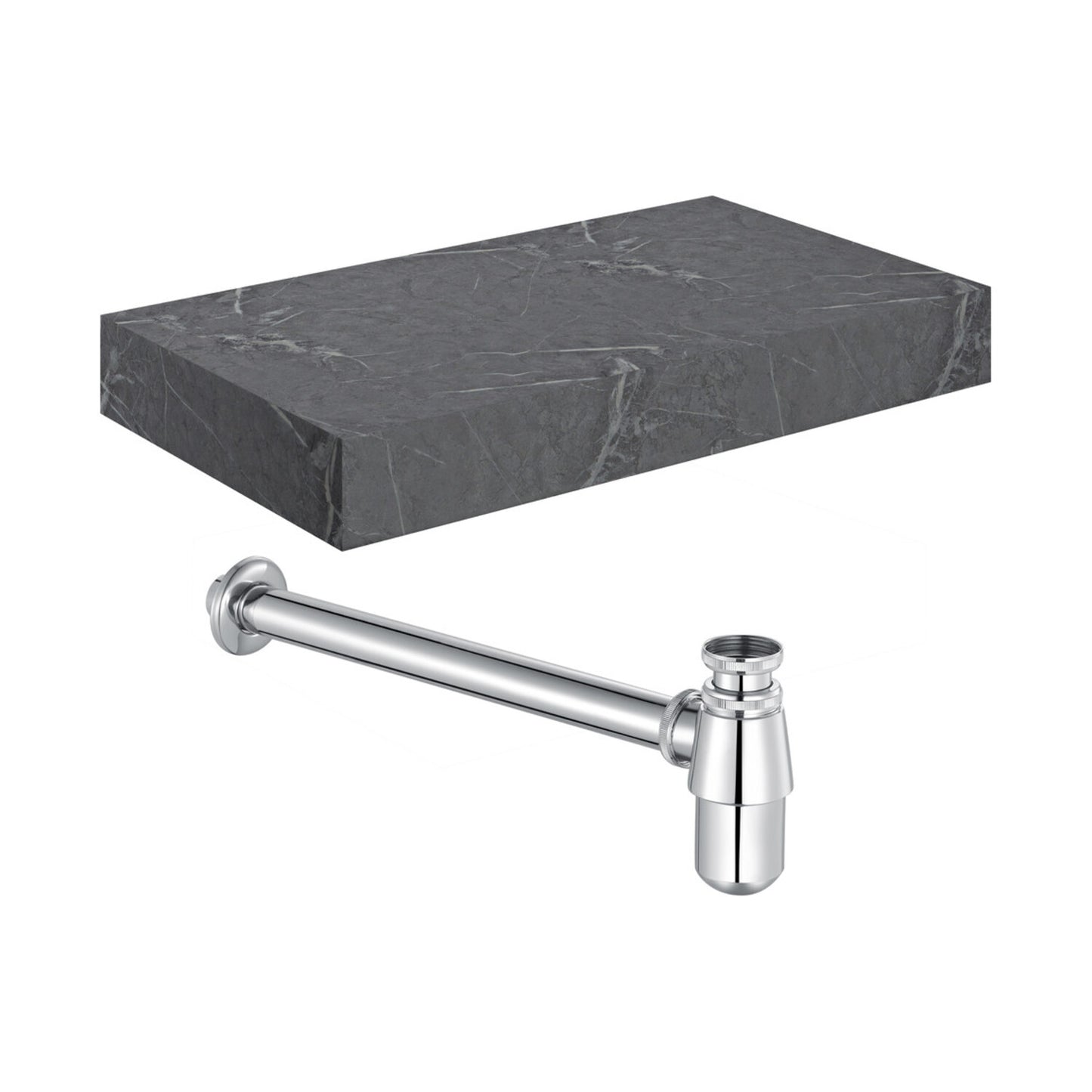 Quelora 800mm Wall Hung Grey Marble Basin Shelf & Chrome Bottle Trap