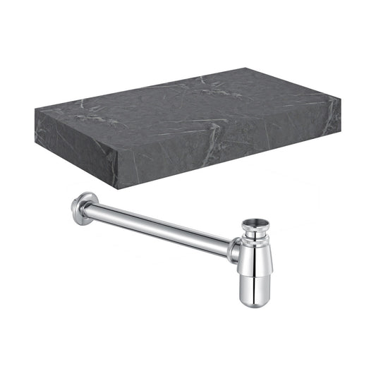 Quelora 800mm Wall Hung Grey Marble Basin Shelf & Chrome Bottle Trap