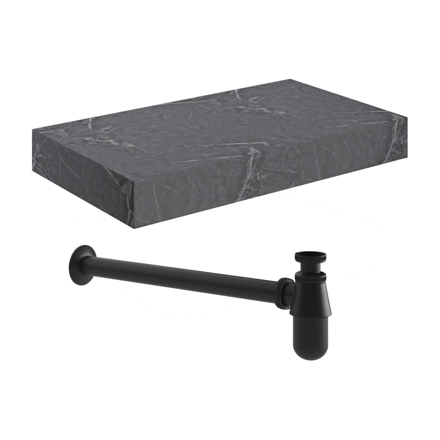 Quelora 800mm Wall Hung Grey Marble Basin Shelf & Black Bottle Trap